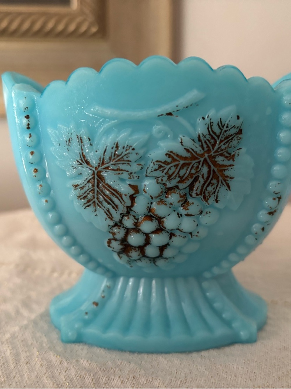Vintage Blue Grape Pattern Milk Glass Compote